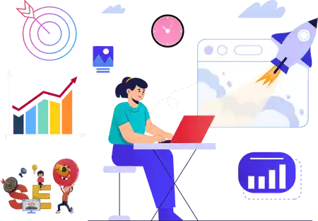 A person sitting at a desk with a laptop, symbolizing our website design service, with a rocket in the background representing growth and SEO services.