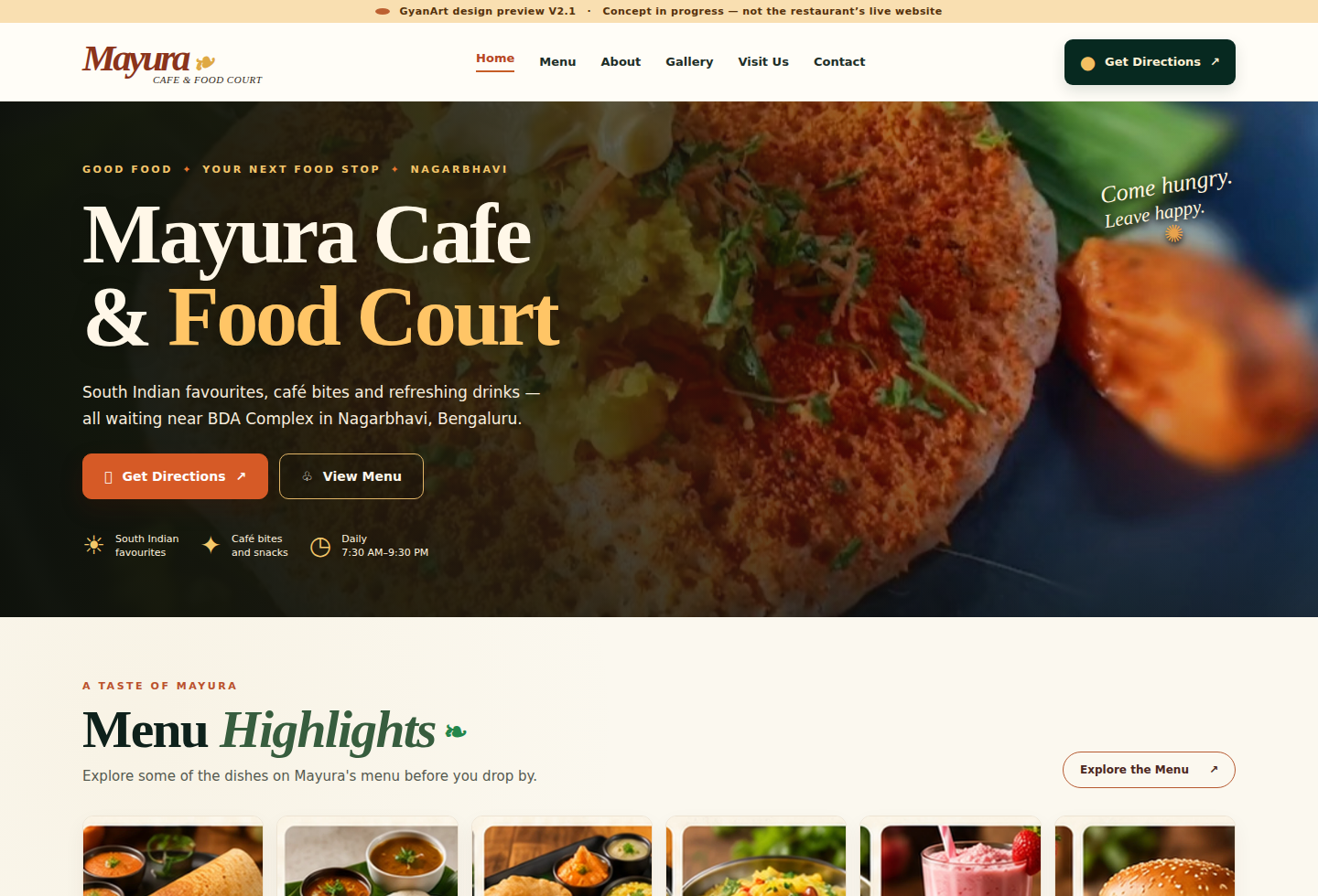 Actual desktop screenshot of the Mayura Cafe and Food Court public website preview
