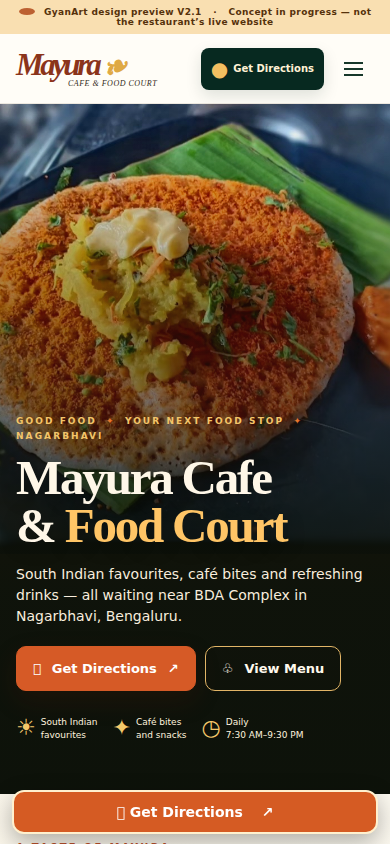 Actual mobile screenshot of the Mayura Cafe and Food Court public website preview